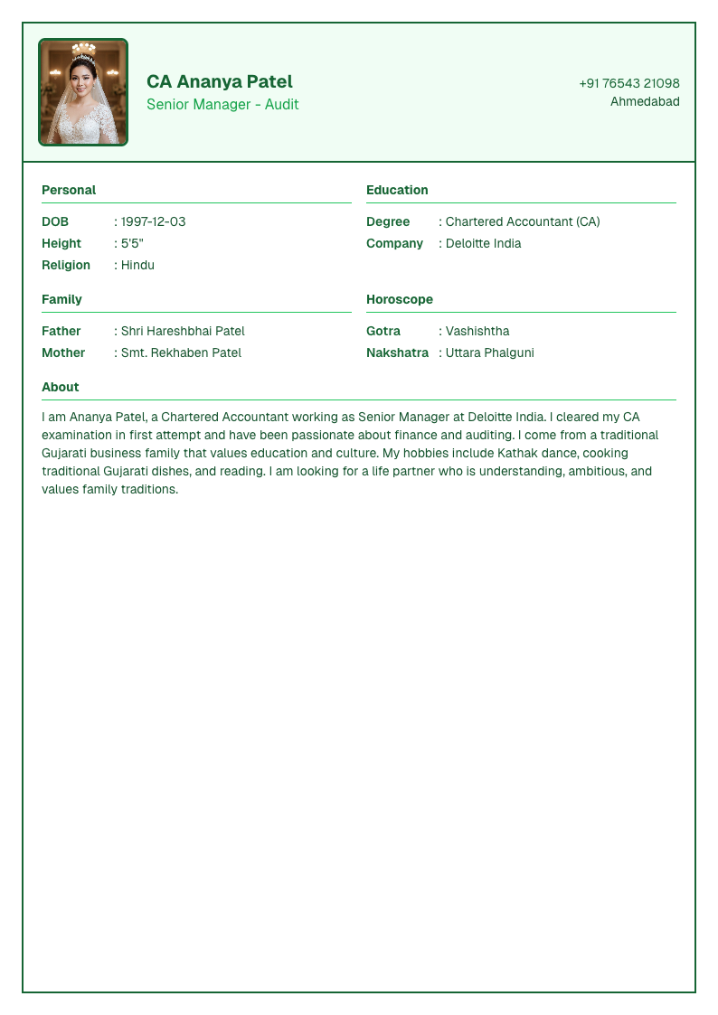 Consultant Green - Marriage Biodata Template Design