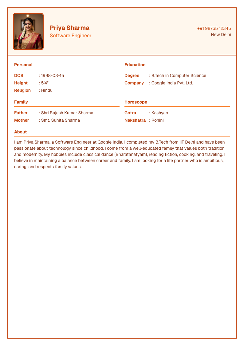 Engineer Orange - Marriage Biodata Template Design